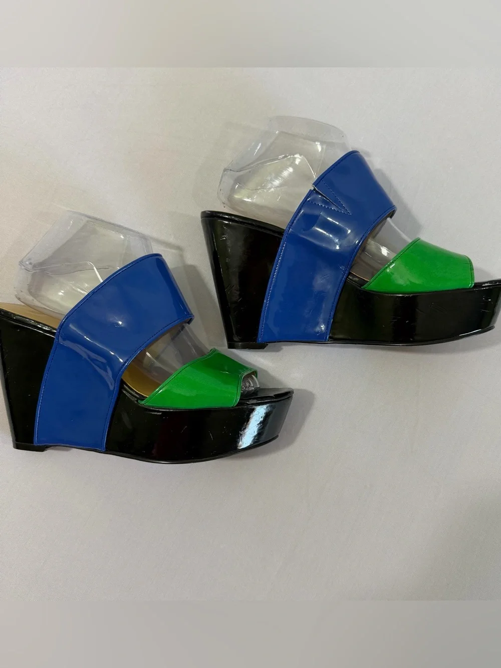 💙💚Nine West Colorblock Patent Platform Wedge Slide Sandals Blue Green Black| sz9